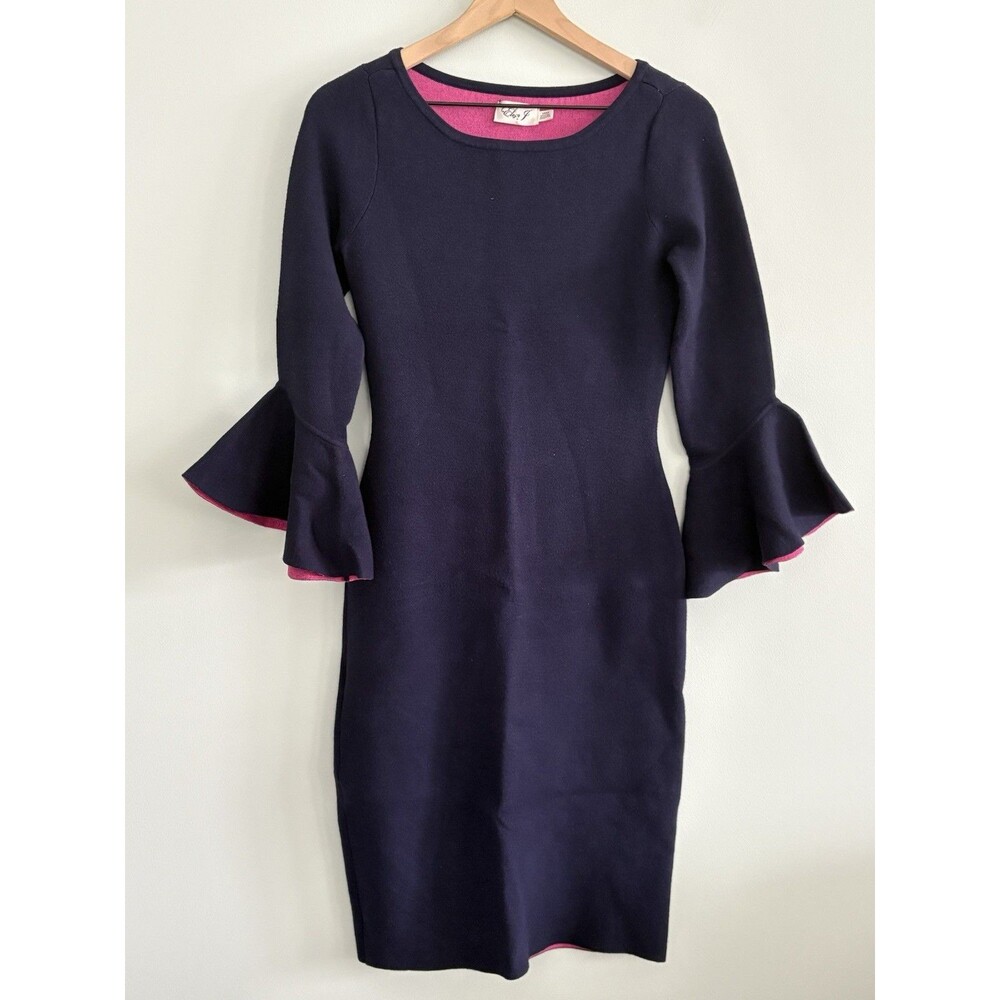 Eliza J Sweater Dress Womens Small Navy Pink 3/4 Bell Sleeve Knitted Pull On